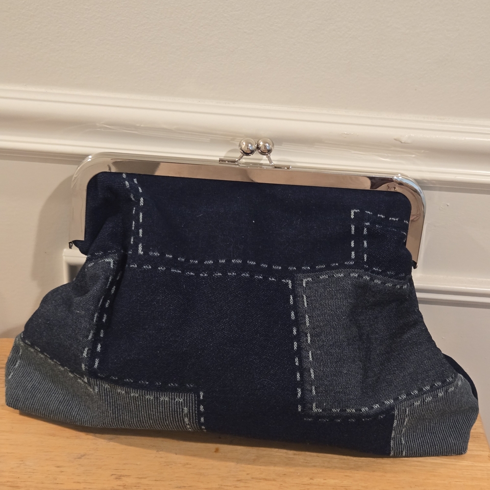 TR Brown Denim Kisslock Clutch Bag
